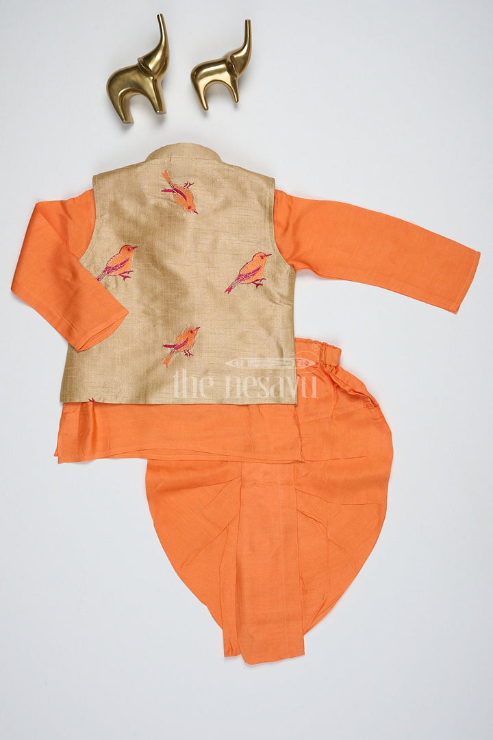 The Nesavu Boys Dothi Set Boys Orange Silk Blend Dhoti Set with Embroidered Bird Motif Jacket for Traditional Gatherings Nesavu Nesavu Boys Orange Dhoti Set Embroidered Nehru Jacket Festive Cultural Events