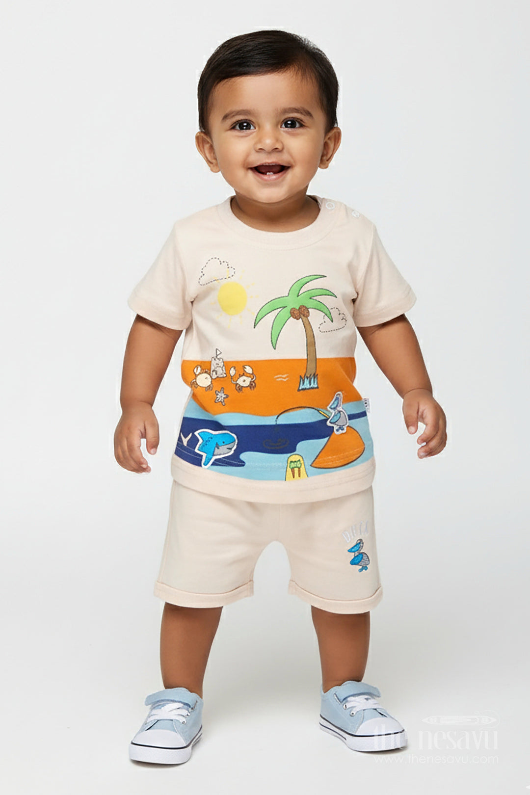 The Nesavu Boys Casual Set Boys Palm Tree Shirt and Shorts Set in Cotton with Digital Print for a Beachy Everyday Look Nesavu 14 (6M) / Beige BCS284A-14 Nesavu Boys Cotton Palm Tree Shirt Shorts Set Digital Print Tropical Everyday Comfort
