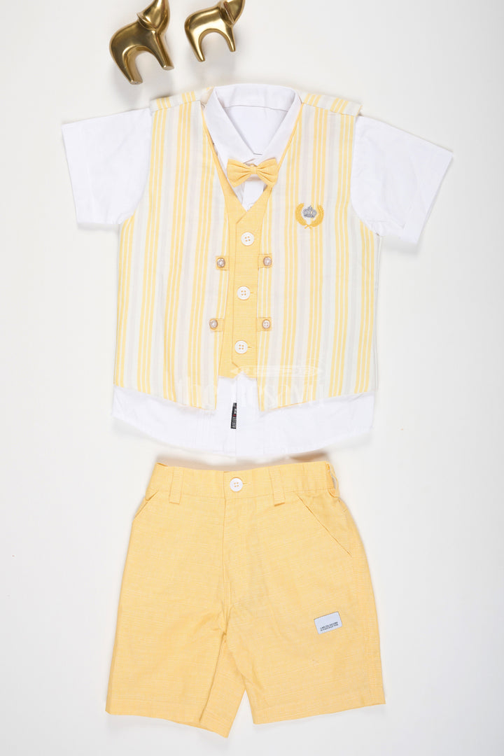 The Nesavu Boys Casual Set Boys Party Set with Yellow Waistcoat and Bow Tie in Cotton Linen for Special Occasions Nesavu 14 (6M) / Yellow BCS126B-14 Boys Party Set with Yellow Waistcoat and Bow Tie in Cotton Linen Nesavu