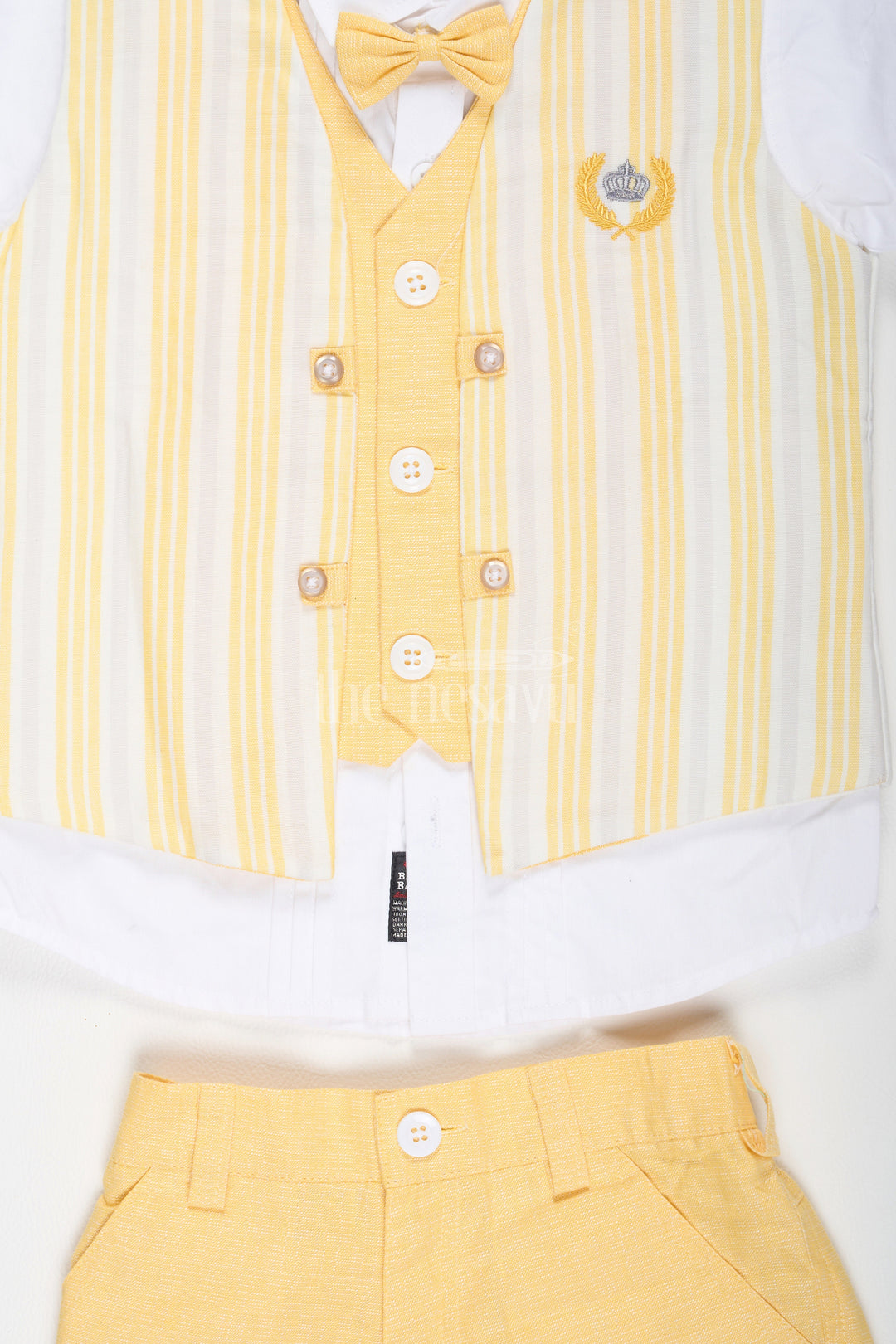 The Nesavu Boys Casual Set Boys Party Set with Yellow Waistcoat and Bow Tie in Cotton Linen for Special Occasions Nesavu Boys Party Set with Yellow Waistcoat and Bow Tie in Cotton Linen Nesavu