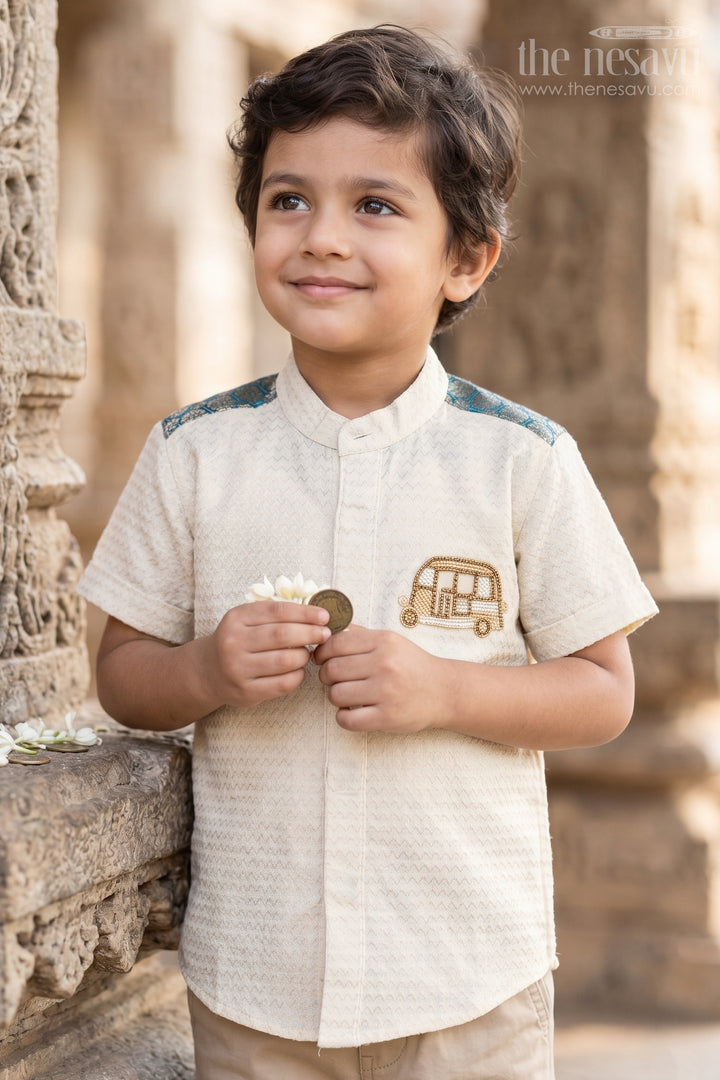 The Nesavu Boys Cotton Shirt Boys Party Shirt for Birthday and Outings Nesavu 16 (1Y) / Gold / Cotton BS508A-16 Nesavu Boys Party Shirt For Birthday And Outings With Textured Cotton And Fun Applique Detail BS508A-16