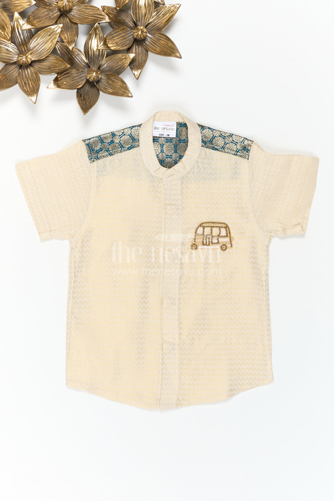 The Nesavu Boys Cotton Shirt Boys Party Shirt for Birthday and Outings Nesavu 16 (1Y) / Gold / Cotton BS508A-16 Nesavu Boys Party Shirt For Birthday And Outings With Textured Cotton And Fun Applique Detail