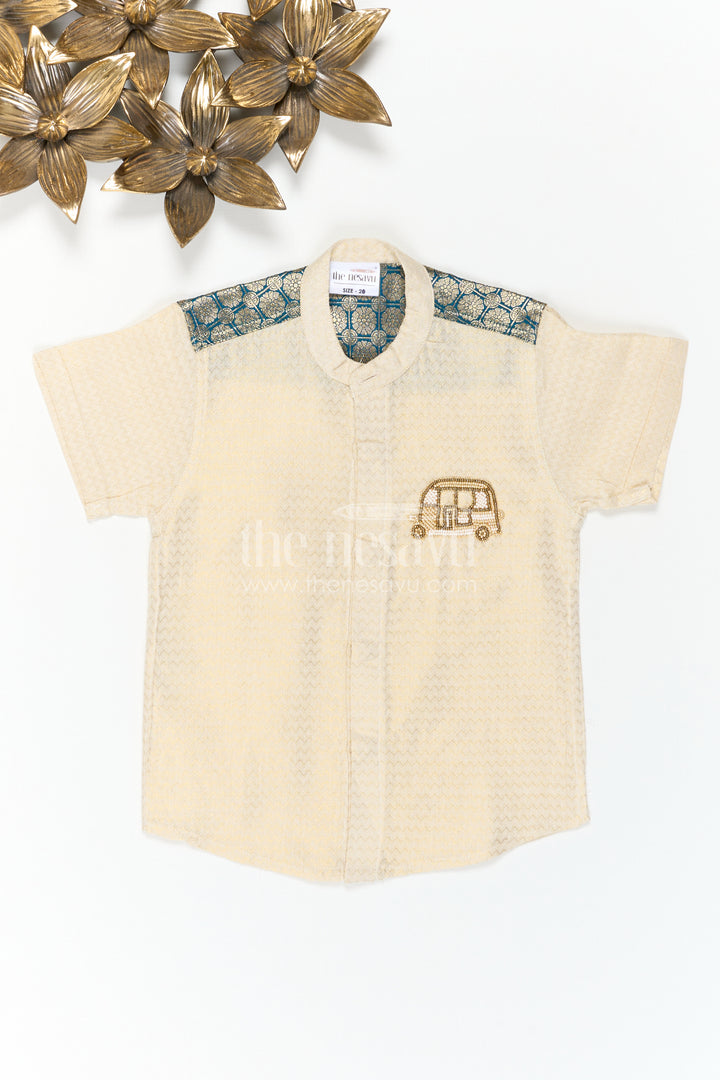 The Nesavu Boys Cotton Shirt Boys Party Shirt for Birthday and Outings Nesavu 16 (1Y) / Gold / Cotton BS508A-16 Nesavu Boys Party Shirt For Birthday And Outings With Textured Cotton And Fun Applique Detail