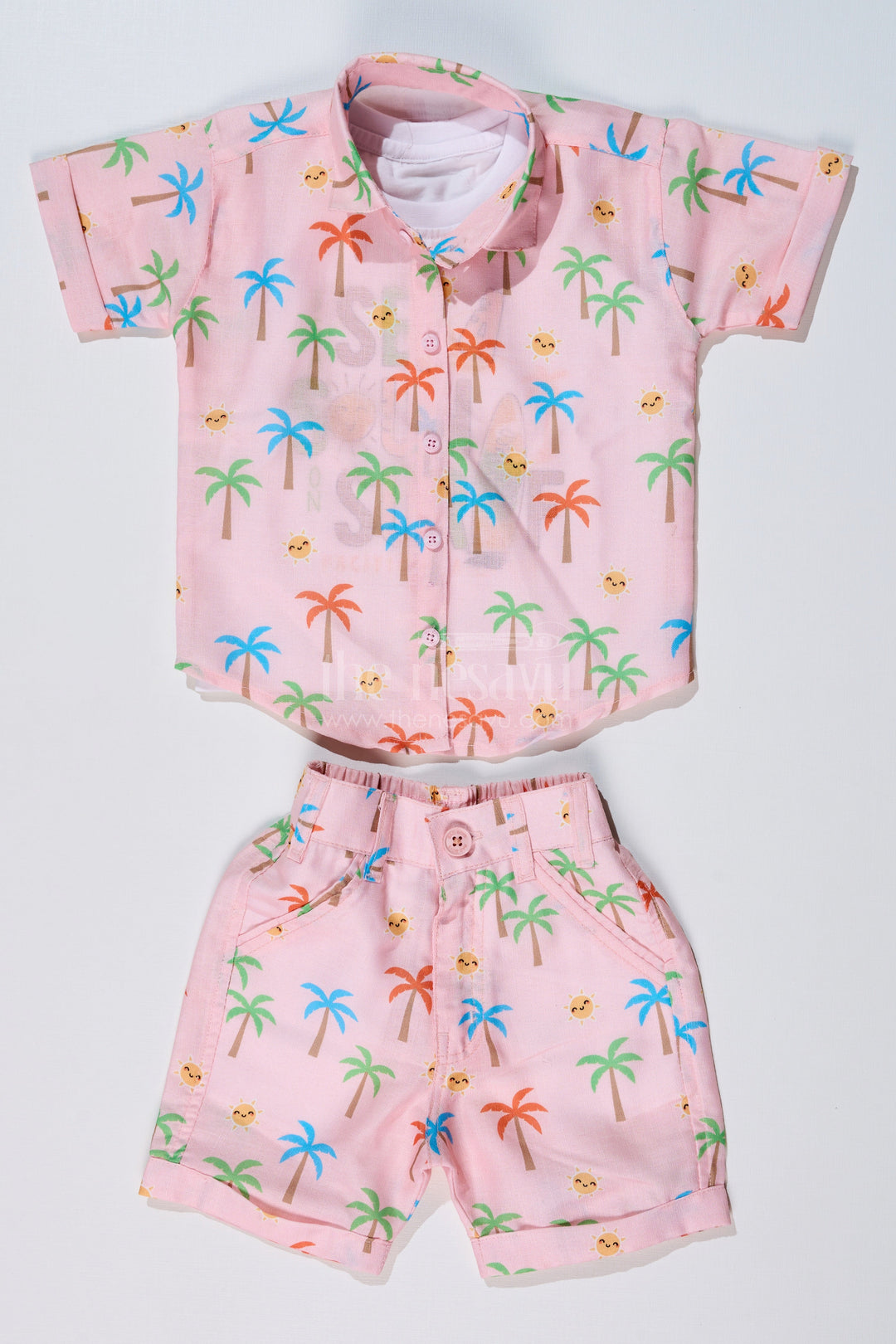 The Nesavu Boys Casual Set Boys Party Wear Casual Shirts with Tropical Printed Shorts and Surf Theme T-Shirt Nesavu 16 (1Y) / Peach BCS215A-16 Boys Party Wear Casual Shirts Tropical Printed Shorts Surf Graphic T-Shirt | The Nesavu