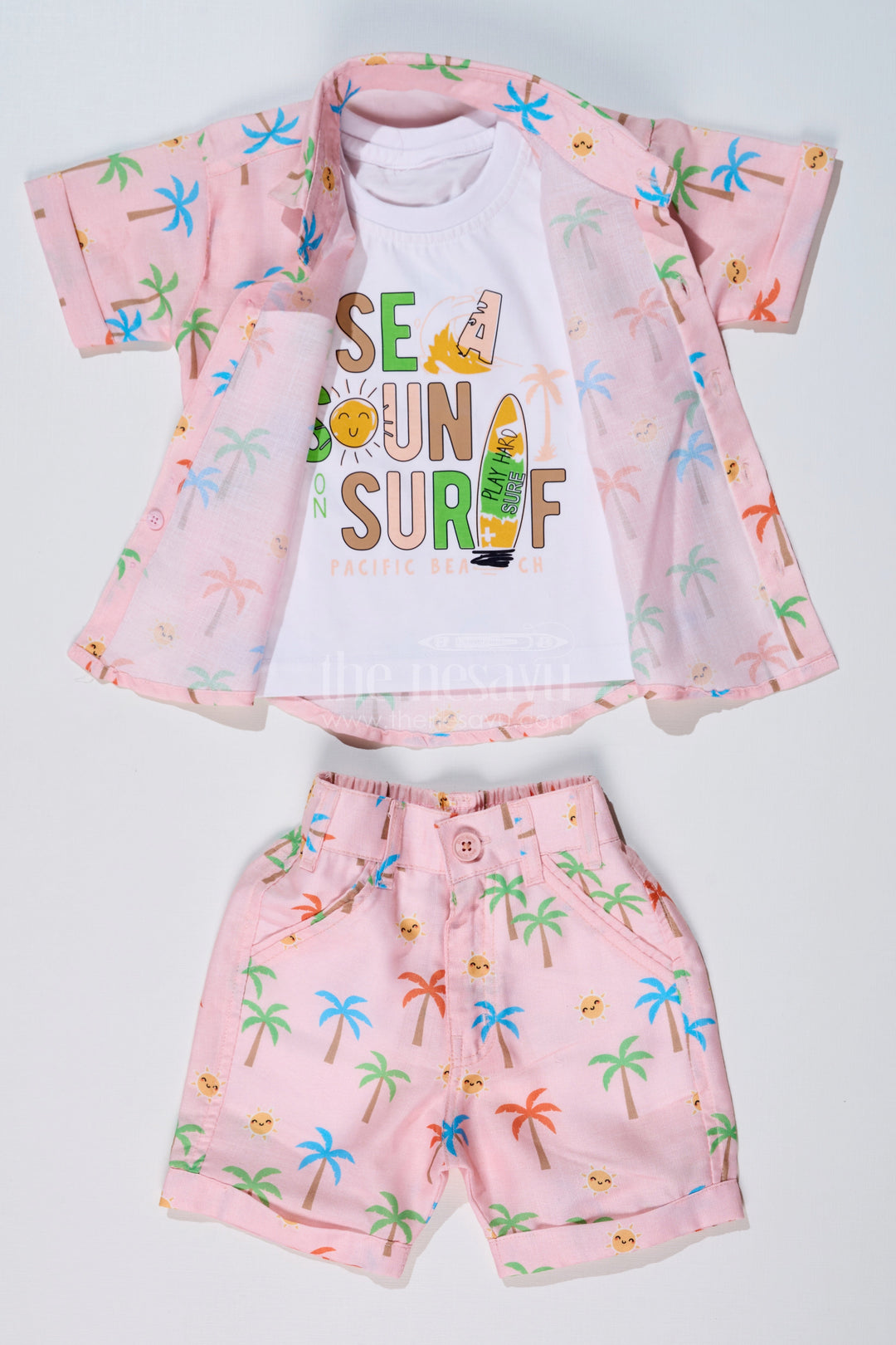 The Nesavu Boys Casual Set Boys Party Wear Casual Shirts with Tropical Printed Shorts and Surf Theme T-Shirt Nesavu Boys Party Wear Casual Shirts Tropical Printed Shorts Surf Graphic T-Shirt | The Nesavu