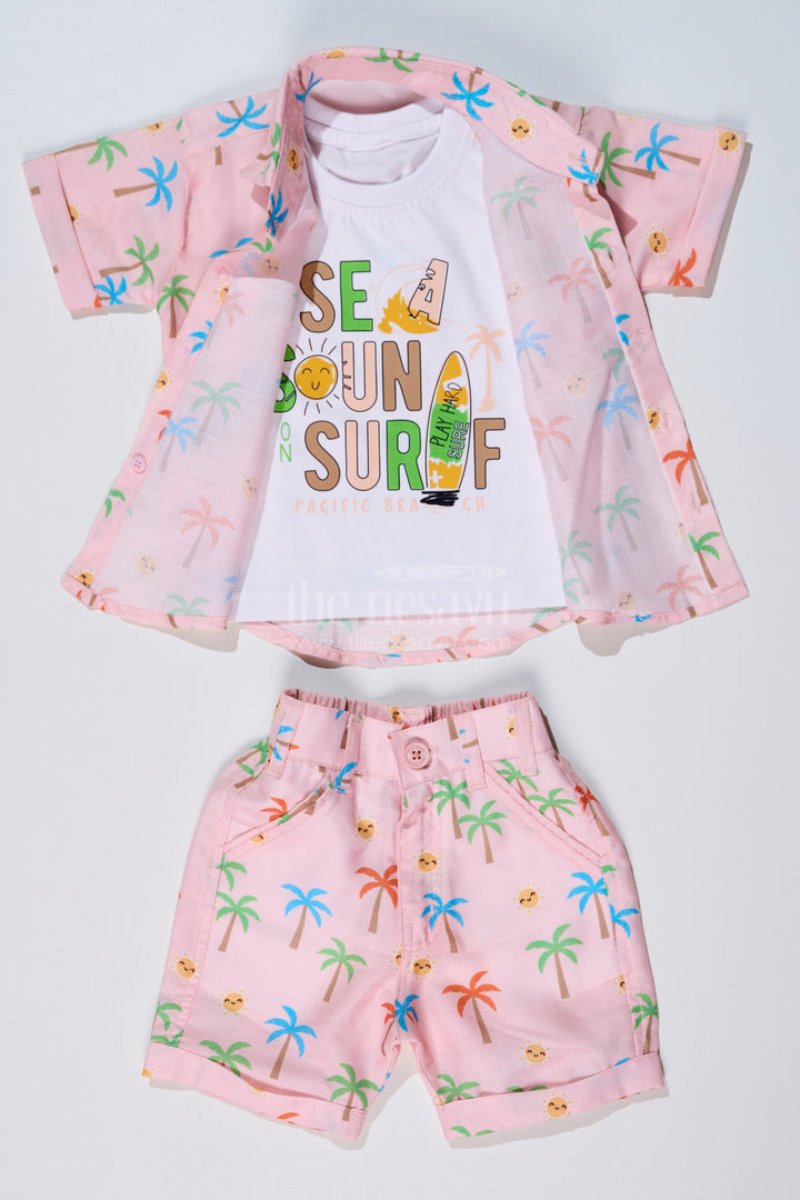The Nesavu Boys Casual Set Boys Party Wear Casual Shirts with Tropical Printed Shorts and Surf Theme T-Shirt Nesavu Boys Party Wear Casual Shirts Tropical Printed Shorts Surf Graphic T-Shirt | The Nesavu
