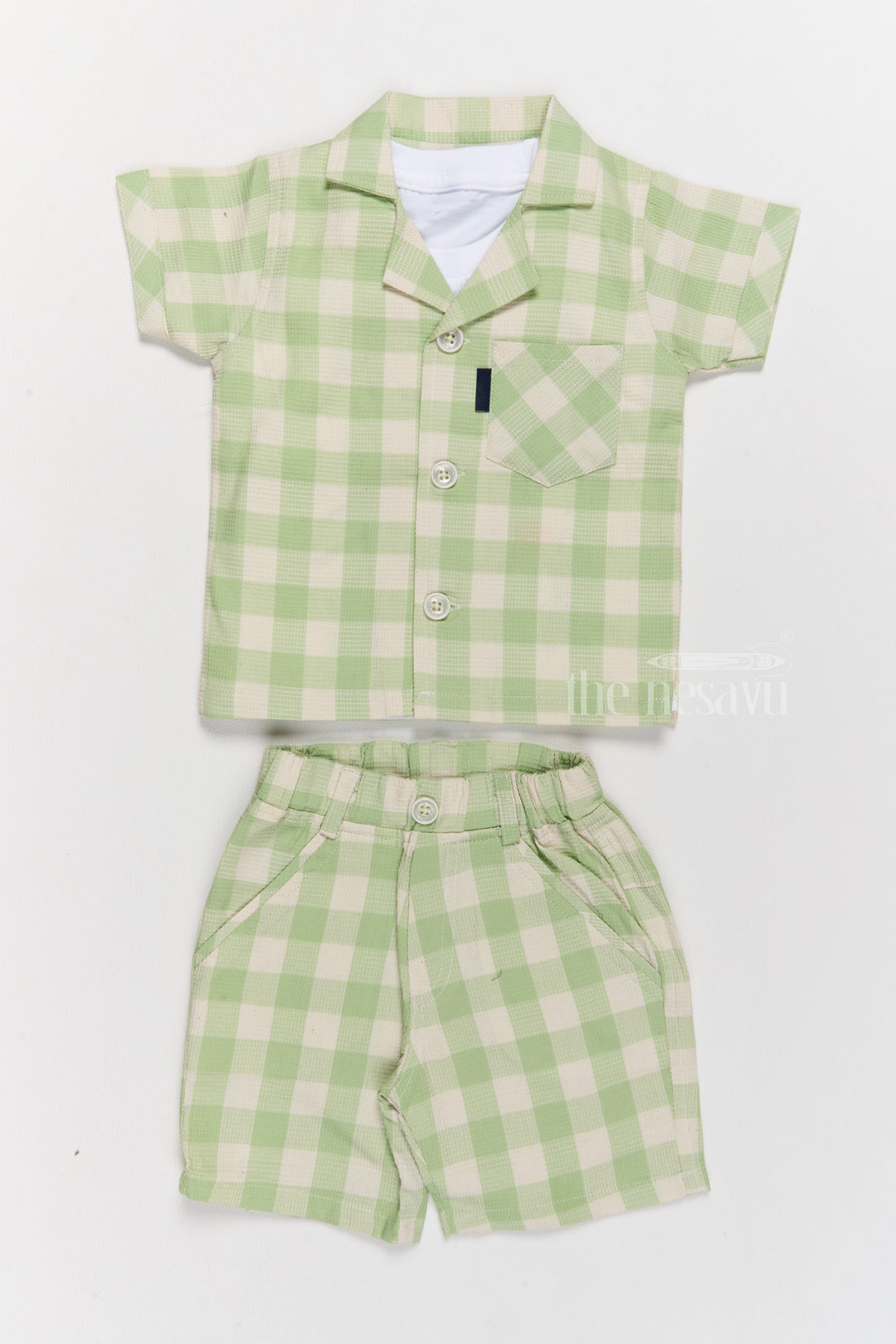 The Nesavu Boys Casual Set Boys Party Wear Dress with Green Checked Shirt, Matching Shorts, and Printed T-Shirt Nesavu 14 (6M) / Green BCS206B-14 Boys Party Wear Dress Green Checked Shirt Shorts Printed T-Shirt | The Nesavu