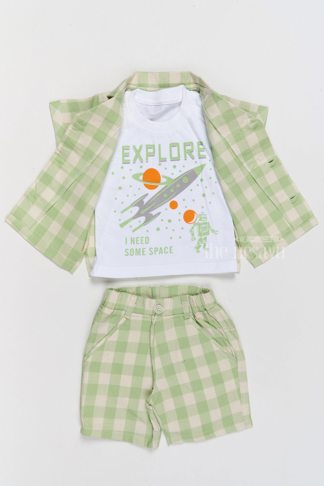 The Nesavu Boys Casual Set Boys Party Wear Dress with Green Checked Shirt, Matching Shorts, and Printed T-Shirt Nesavu Boys Party Wear Dress Green Checked Shirt Shorts Printed T-Shirt | The Nesavu