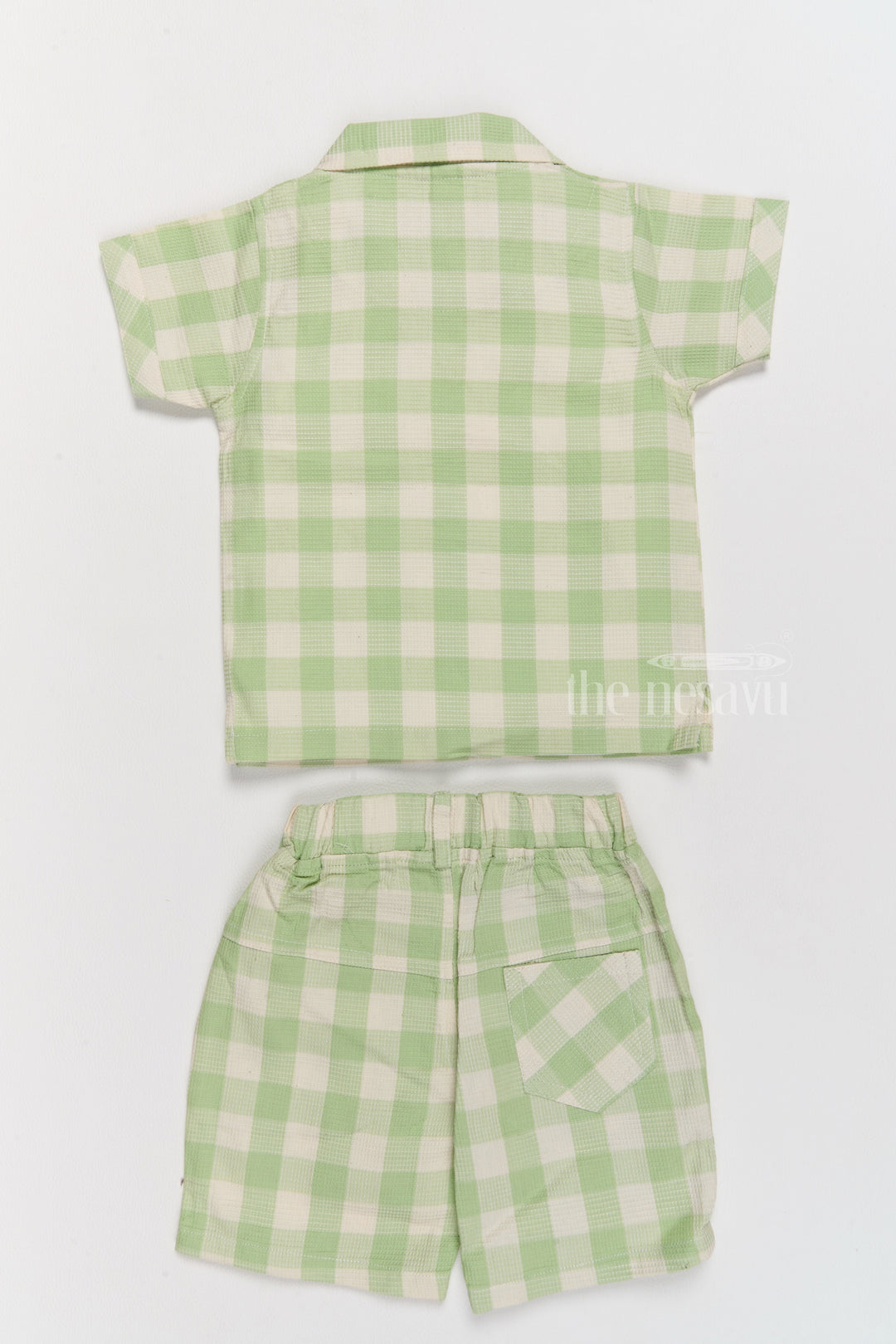 The Nesavu Boys Casual Set Boys Party Wear Dress with Green Checked Shirt, Matching Shorts, and Printed T-Shirt Nesavu Boys Party Wear Dress Green Checked Shirt Shorts Printed T-Shirt | The Nesavu