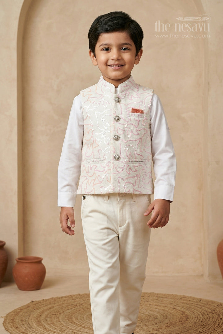 The Nesavu Boys Jacket Sets Boys Party Wear Jacket Set for Weddings and Special Occasions Nesavu 16 (1Y) / Half white / Viscose BES973A-16 Nesavu boys party wear jacket set for weddings and special occasions with sequin embroidery and formal style