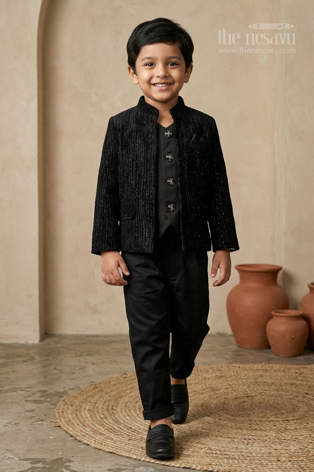 The Nesavu Boys Jacket Sets Boys Party Wear Velvet Jacket Set for Weddings and Evening Events Nesavu 16 (1Y) / Black / Silk BES976A-16 Nesavu boys velvet jacket set for weddings and evening events with blend silk fabric and elegant formal design