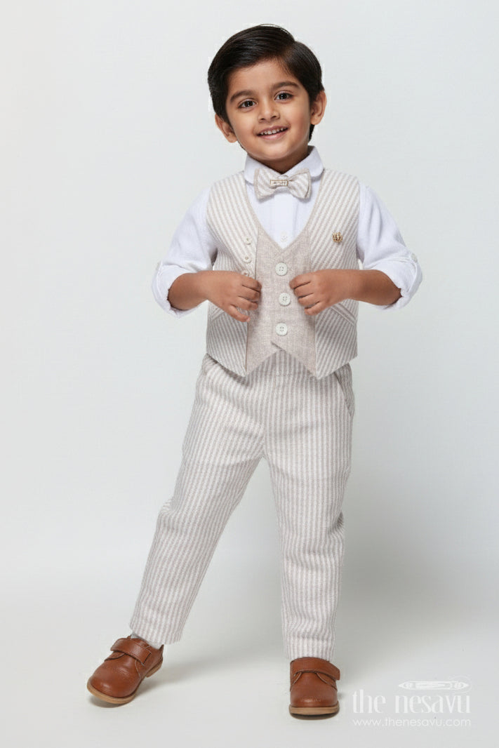 The Nesavu Boys Casual Set Boys Partywear Set with Striped Waistcoat and Bow Tie Nesavu 12 (3M) / Gray BCS504A-12 Nesavu boys cotton partywear waistcoat set with stripes and bow tie for celebrations