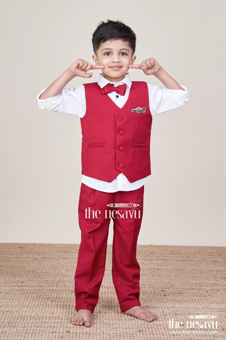 The Nesavu Boys Casual Set Boys Partywear Set with Waistcoat for Birthdays and Family Events Nesavu 16 (1Y) / Red BCS451A-16 Nesavu boys waistcoat party set bowtie birthdays family celebrations
