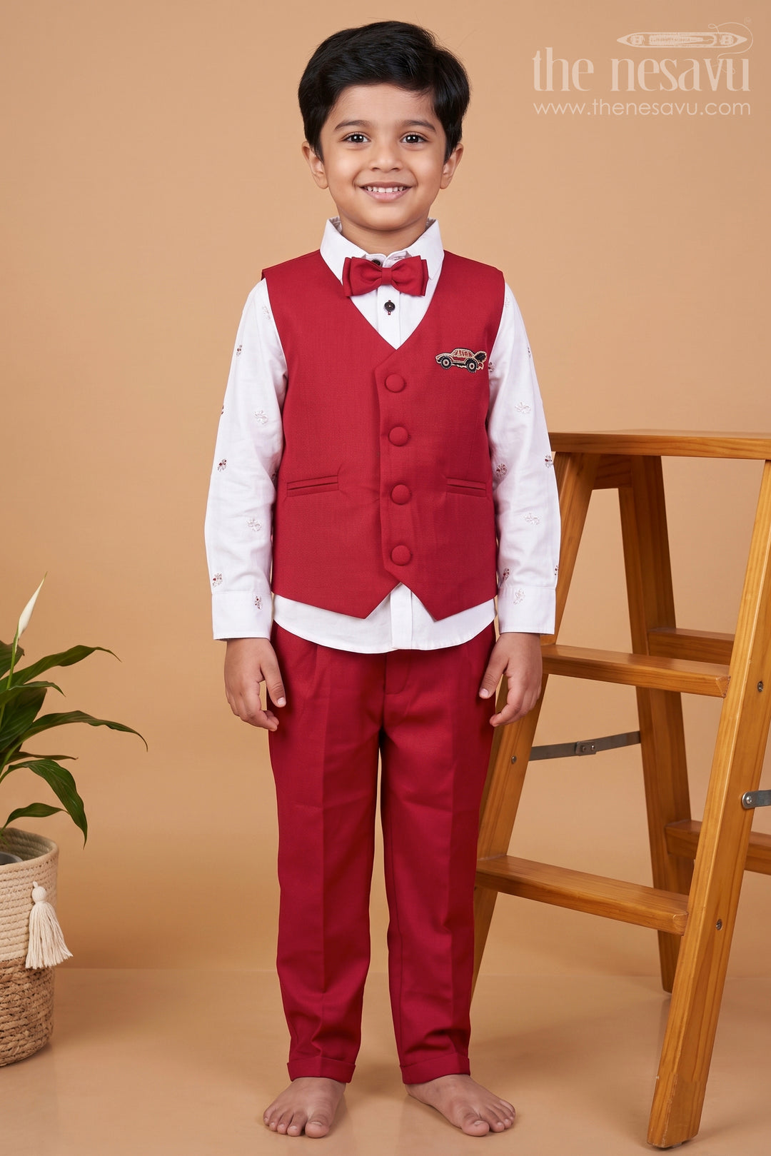 The Nesavu Boys Casual Set Boys Partywear Set with Waistcoat for Birthdays and Family Events Nesavu 16 (1Y) / Red BCS451A-16 Nesavu boys waistcoat party set bowtie birthdays family celebrations