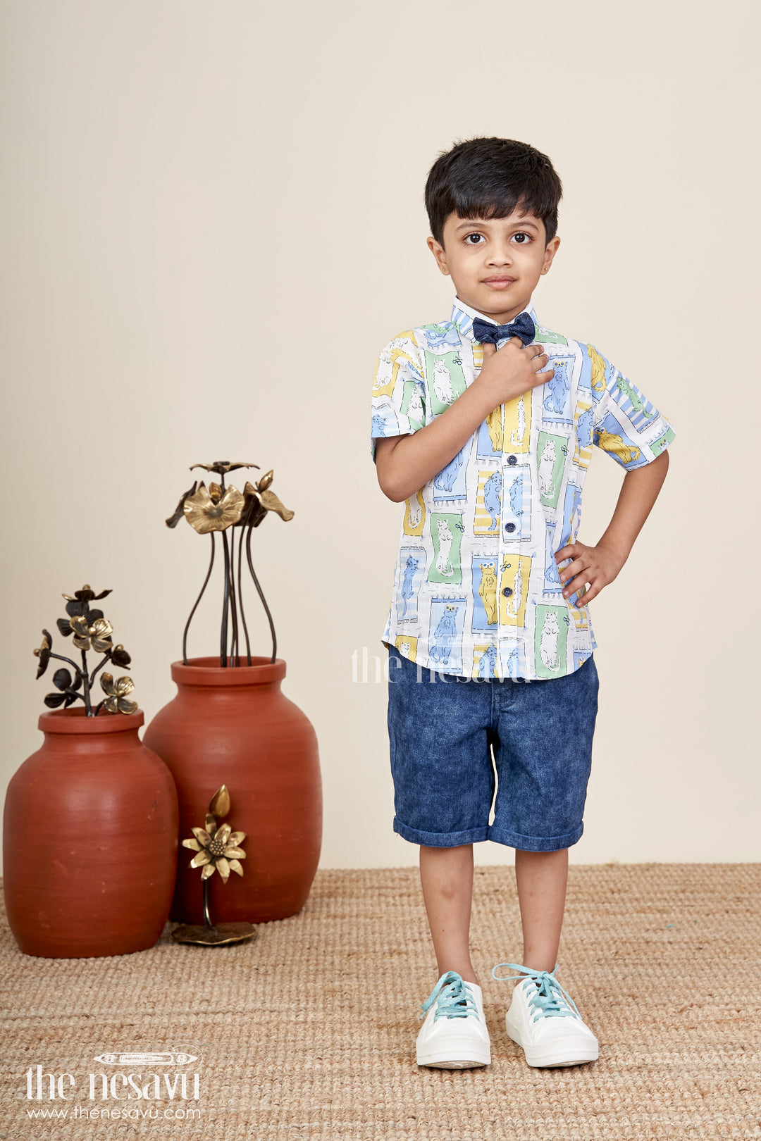 The Nesavu Boys Casual Set Boys pastel cat print shirt and denim shorts set Nesavu 14 (6M) / Multicolor BCS391B-14 Nesavu boys pastel cat print shirt and denim shorts set cute summer casual outfit