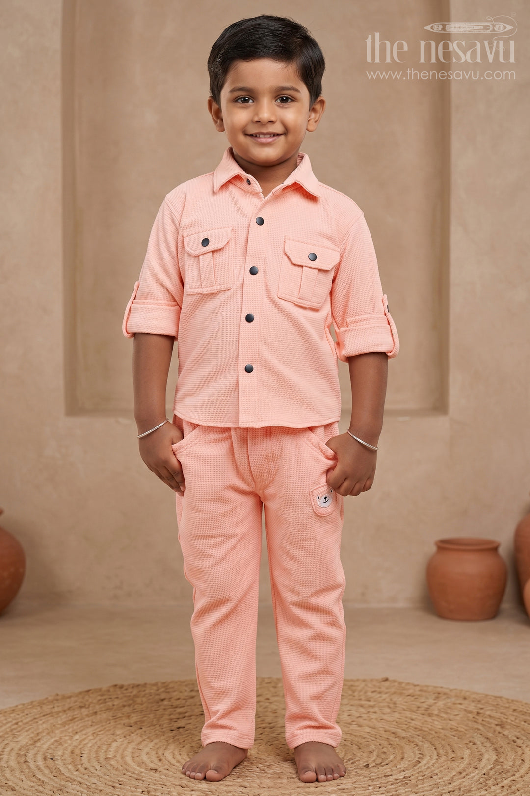 The Nesavu Boys Casual Set Boys Pastel Pink Shirt and Pant Settrendy and Comfortable Nesavu 14 (6M) / Pink / Knitted Lycra BES528C-14 Boys Chic Pastel Pink Casual Set | The Nesavu