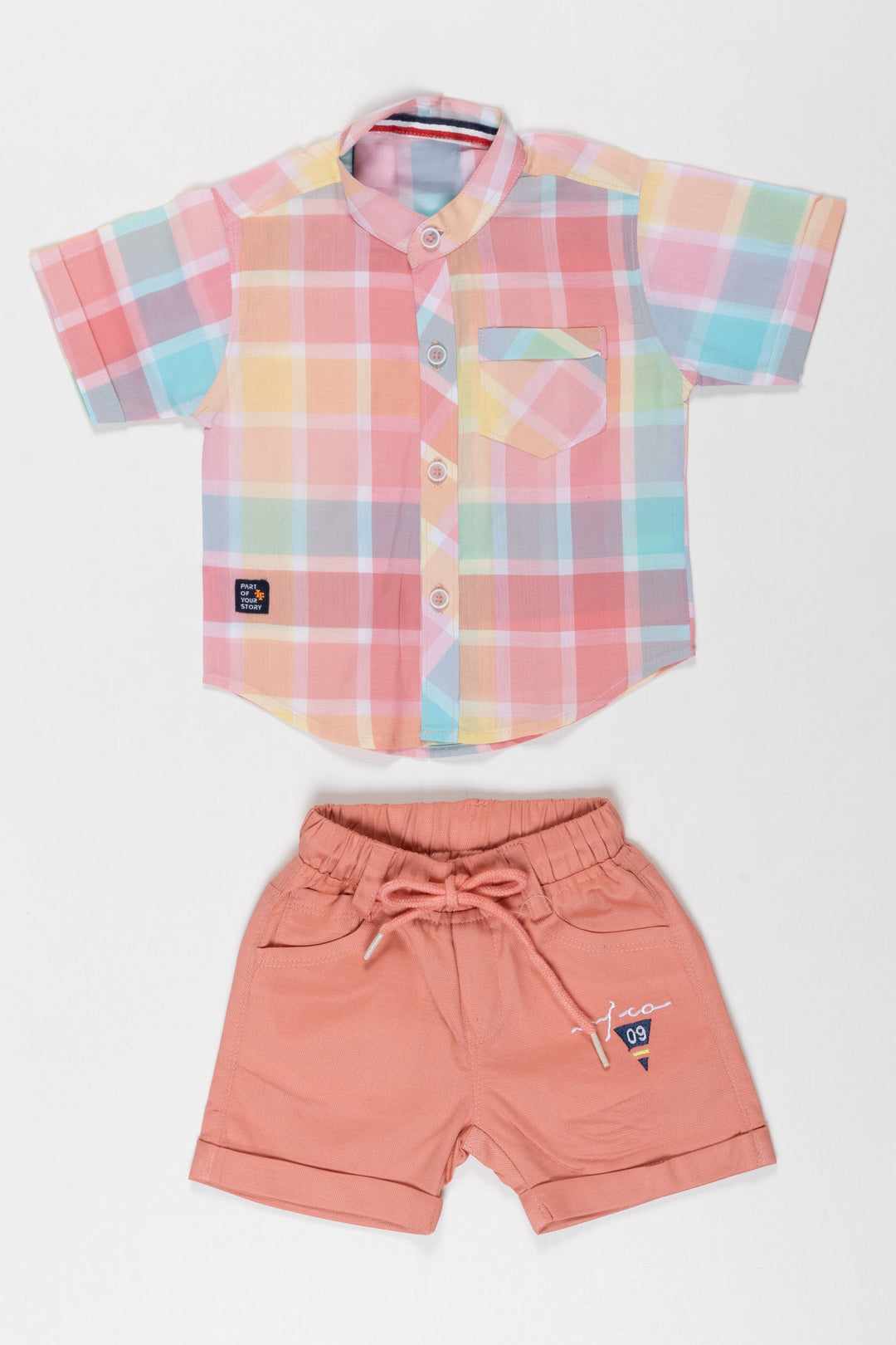 The Nesavu Boys Casual Set Boys Pastel Plaid Shirt and Coral Shorts Set Nesavu 12 (3M) / Pink / Cotton BCS024B-12 Chic Boys Pastel Plaid Shirt  Coral Shorts Combo | Summer Must Have | The Nesavu