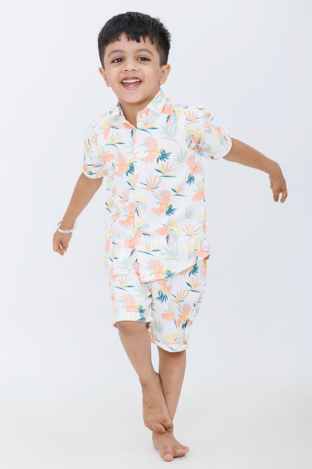 The Nesavu Boys Casual Set Boys Pastel Tropical Print Casual Set with Button-Up Shirt and Shorts for Summer Outings Nesavu Nesavu Boys Pastel Tropical Print Casual Set Graphic T-Shirt Button-Up Shirt Shorts Vacations