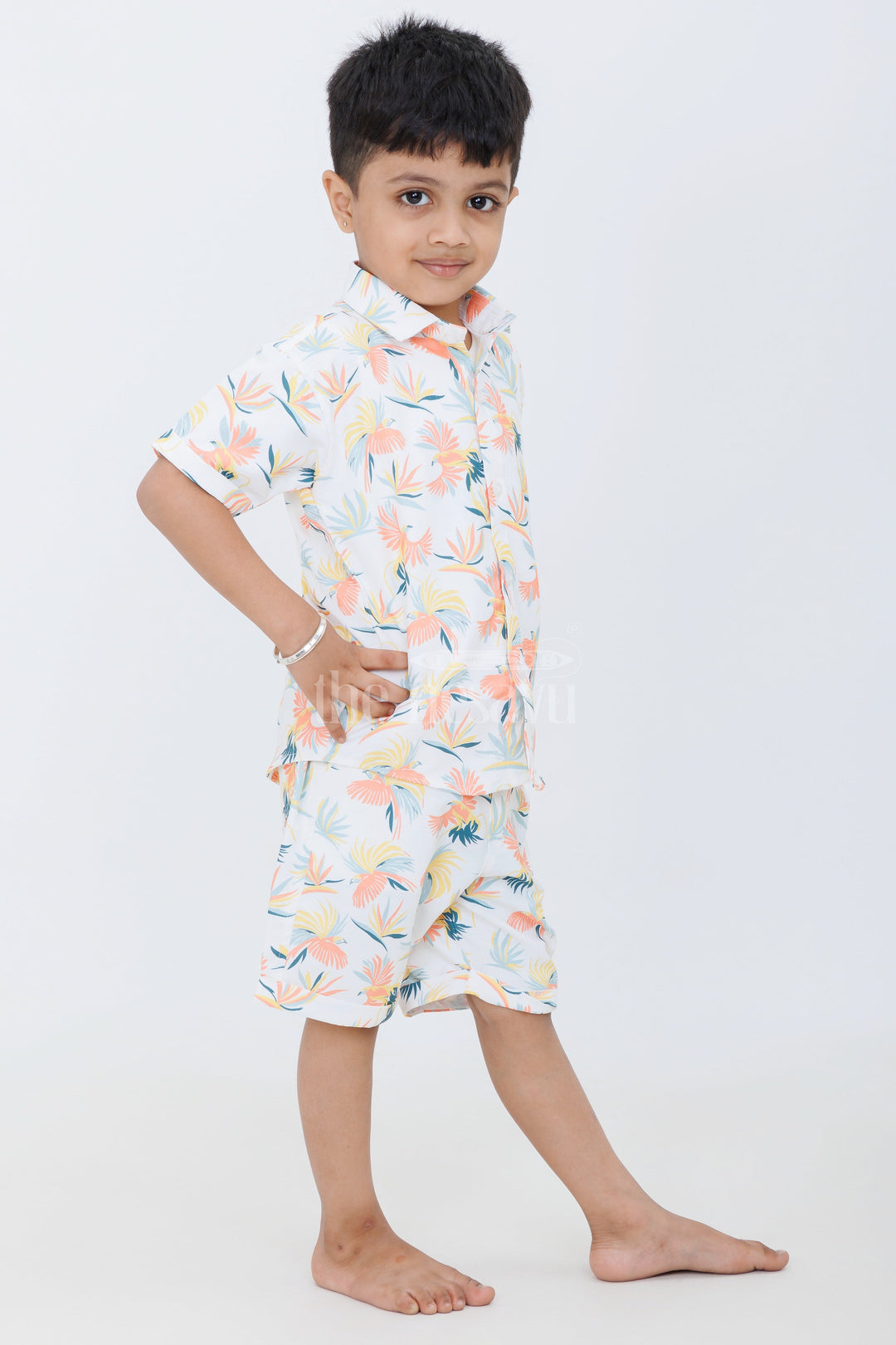 The Nesavu Boys Casual Set Boys Pastel Tropical Print Casual Set with Button-Up Shirt and Shorts for Summer Outings Nesavu Nesavu Boys Pastel Tropical Print Casual Set Graphic T-Shirt Button-Up Shirt Shorts Vacations