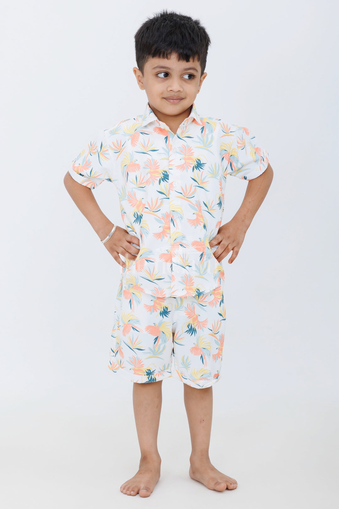 The Nesavu Boys Casual Set Boys Pastel Tropical Print Casual Set with Button-Up Shirt and Shorts for Summer Outings Nesavu Nesavu Boys Pastel Tropical Print Casual Set Graphic T-Shirt Button-Up Shirt Shorts Vacations