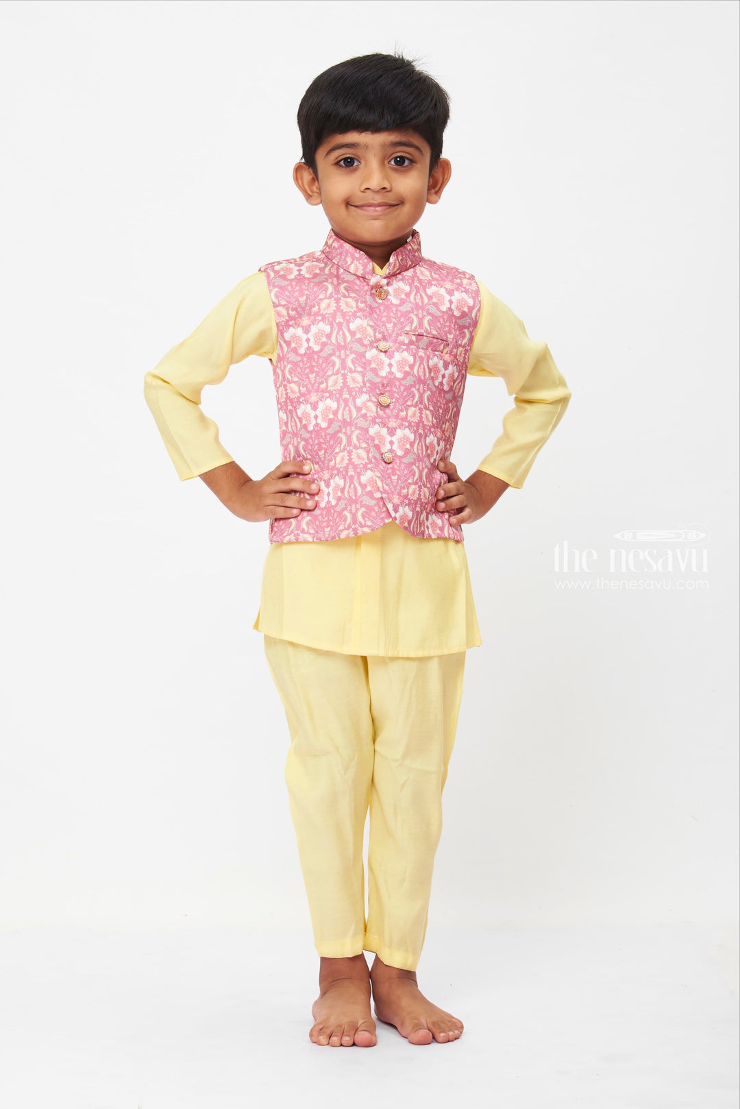 The Nesavu Boys Jacket Sets Boys Pastel Yellow and Pink Floral Overcoat Kurta Set with Pant Nesavu 10 (NB) / Yellow / Silk Blend BES460A-10 Pastel Traditional Outfit for boys | Kurta Set for Children | The Nesavu