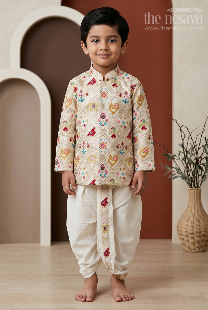 The Nesavu Boys Dothi Set Boys Patola Print Dothi Set for Festive Cultural Celebrations Nesavu 10 (NB) / Multicolor / Viscose Silk BES1022A-10 Nesavu Boys Patola Print Dothi Set For Festive Occasions And Traditional Family Celebrations