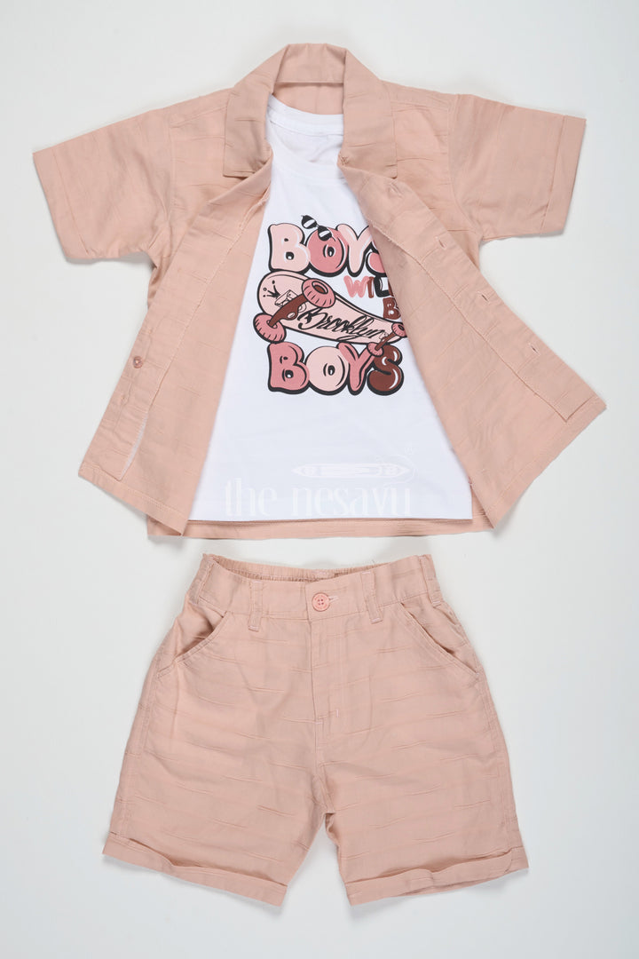 The Nesavu Boys Casual Set Boys Peach Casual Set with Button-Down Shirt, Graphic T-Shirt, and Matching Shorts Nesavu Nesavu Boys Peach Casual Set Graphic T-Shirt Button-Down Shirt Matching Shorts Summer Outings