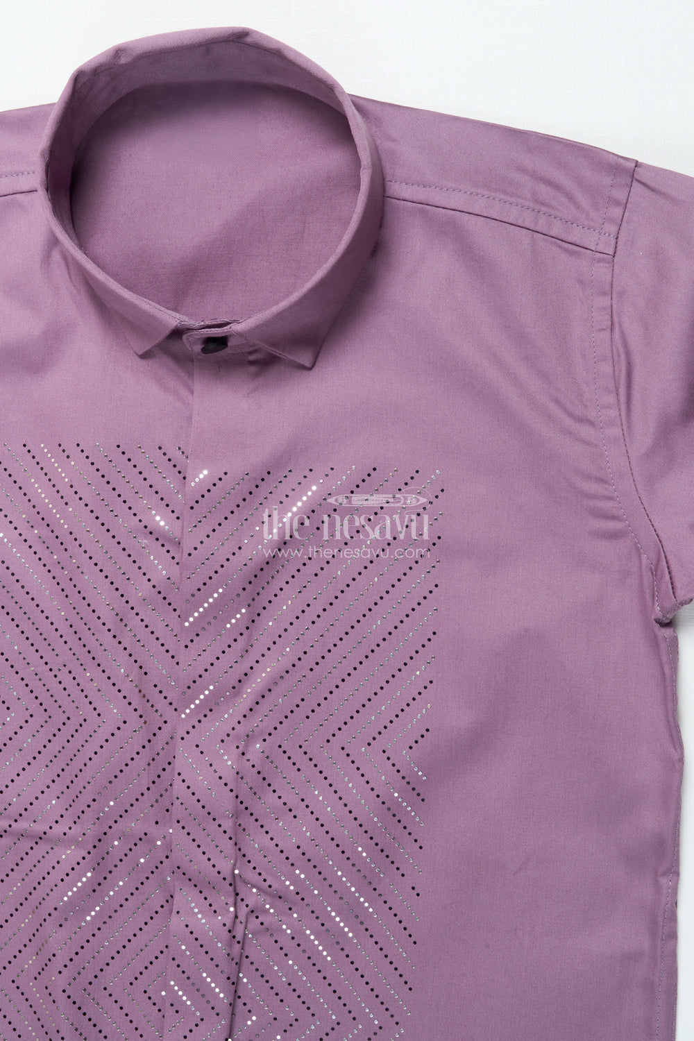 The Nesavu Boys Cotton Shirt Boys Peach Cotton Blend Shirt with Foil Print Stylish Festive Wear Nesavu Boys peach shirt designer foil print festive cotton blend wear