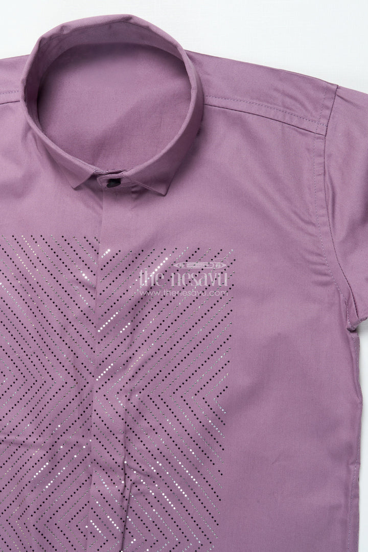 The Nesavu Boys Cotton Shirt Boys Peach Cotton Blend Shirt with Foil Print Stylish Festive Wear Nesavu Boys peach shirt designer foil print festive cotton blend wear