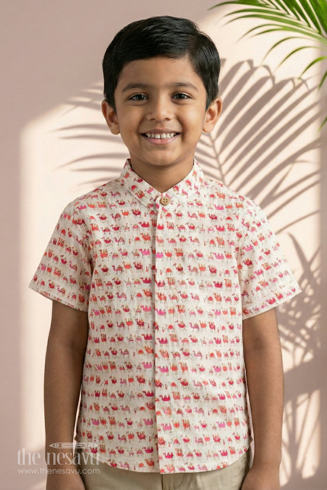 The Nesavu Boys Cotton Shirt Boys Peach Cotton Shirt with Colorful Camel Print for Whimsical Casual Wear Nesavu 16 (1Y) / Peach BS173B-16 Nesavu Boys Peach Cotton Shirt Camel Print Fun Stylish Casual Wear