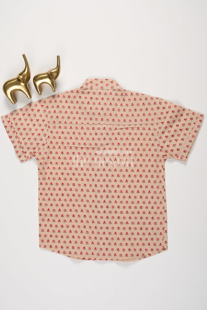 The Nesavu Boys Cotton Shirt Boys Peach Cotton Shirt with Delicate Red Floral Print and Short Sleeves Nesavu Nesavu Boys Peach Cotton Shirt Red Bird Print Short Sleeves Everyday Comfort