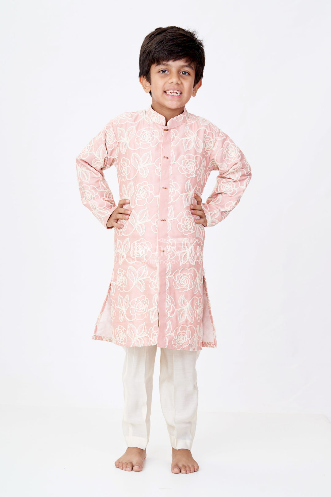The Nesavu Boys Kurtha Set Boys Peach Kurta in Silk Blend with Designer Embroidery and Elegant Floral Detailing Nesavu 14 (6M) / Peach BES645B-14 Boys Peach Kurta Silk Blend Designer Embroidery Traditional Elegance | The Nesavu