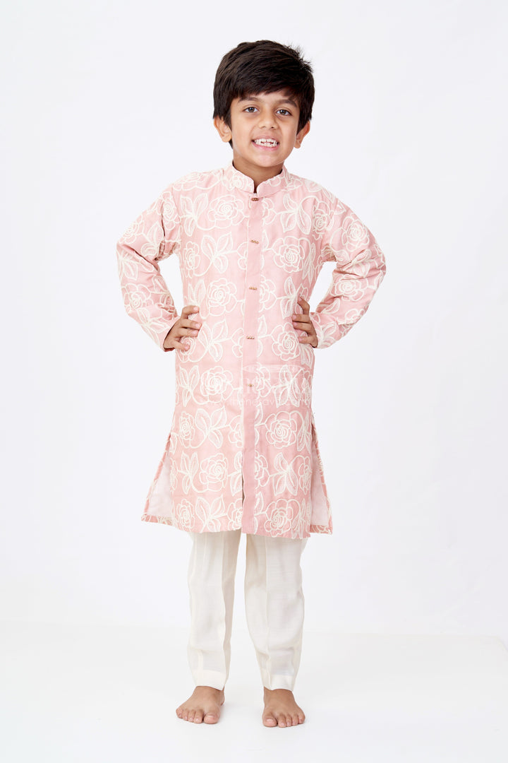 The Nesavu Boys Kurtha Set Boys Peach Kurta in Silk Blend with Designer Embroidery and Elegant Floral Detailing Nesavu 14 (6M) / Peach BES645B-14 Boys Peach Kurta Silk Blend Designer Embroidery Traditional Elegance | The Nesavu