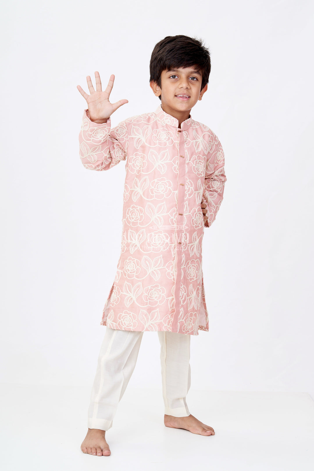 The Nesavu Boys Kurtha Set Boys Peach Kurta in Silk Blend with Designer Embroidery and Elegant Floral Detailing Nesavu Boys Peach Kurta Silk Blend Designer Embroidery Traditional Elegance | The Nesavu