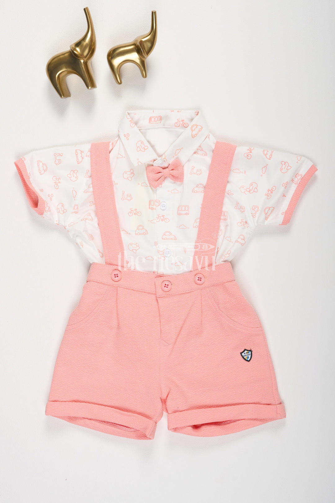 The Nesavu Boys Casual Set Boys Peach Suspender Shorts and White Transportation Print Shirt Set Nesavu 14 (6M) / Peach BCS118B-14 Boys Peach Suspender Shorts and White Transportation Print Shirt Set Nesavu