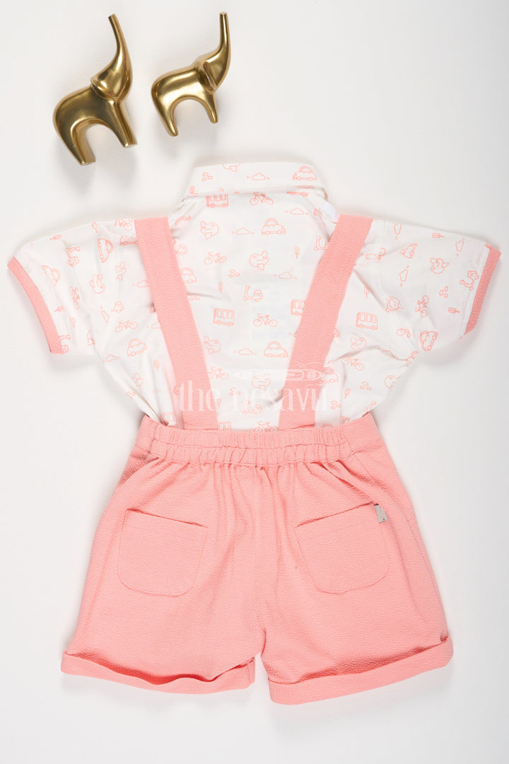 The Nesavu Boys Casual Set Boys Peach Suspender Shorts and White Transportation Print Shirt Set Nesavu Boys Peach Suspender Shorts and White Transportation Print Shirt Set Nesavu