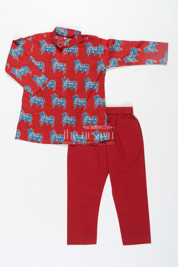 The Nesavu Boys Kurtha Set Boys Pichwai Cotton Kurta with Traditional Block Prints and Matching Pants in Red Nesavu 12 (3M) / Red BES660A-12 Boys Pichwai Cotton Kurta Traditional Block Prints Matching Pants Red | The Nesavu