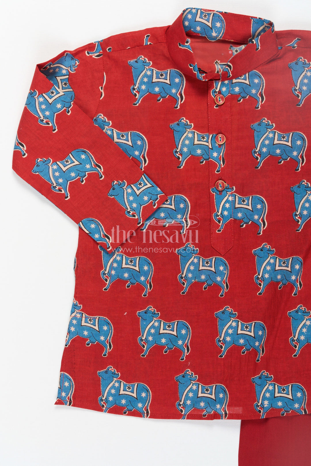 The Nesavu Boys Kurtha Set Boys Pichwai Cotton Kurta with Traditional Block Prints and Matching Pants in Red Nesavu Boys Pichwai Cotton Kurta Traditional Block Prints Matching Pants Red | The Nesavu