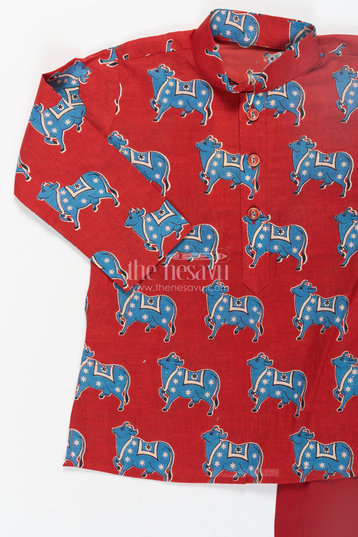 The Nesavu Boys Kurtha Set Boys Pichwai Cotton Kurta with Traditional Block Prints and Matching Pants in Red Nesavu Boys Pichwai Cotton Kurta Traditional Block Prints Matching Pants Red | The Nesavu