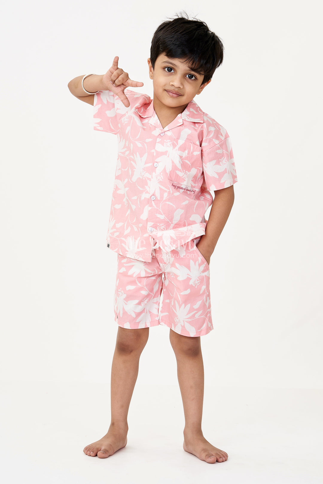 The Nesavu Boys Casual Set Boys Pink 2 Piece Casual Outfits with Floral Digital Print Shirt and Matching Shorts for Summer Days Nesavu 20 (3Y) / Pink BCS222B-20 Boys Pink Cotton Floral Print Shirt Shorts Set 2 Piece Casual Outfits Summer Style | The Nesavu