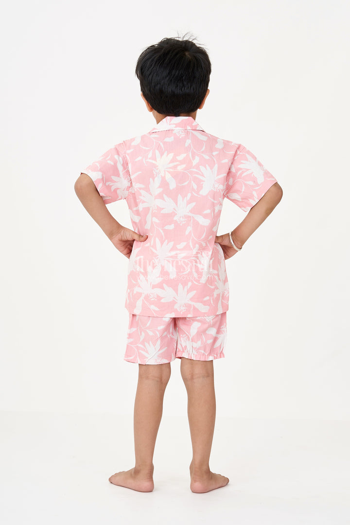 The Nesavu Boys Casual Set Boys Pink 2 Piece Casual Outfits with Floral Digital Print Shirt and Matching Shorts for Summer Days Nesavu Boys Pink Cotton Floral Print Shirt Shorts Set 2 Piece Casual Outfits Summer Style | The Nesavu