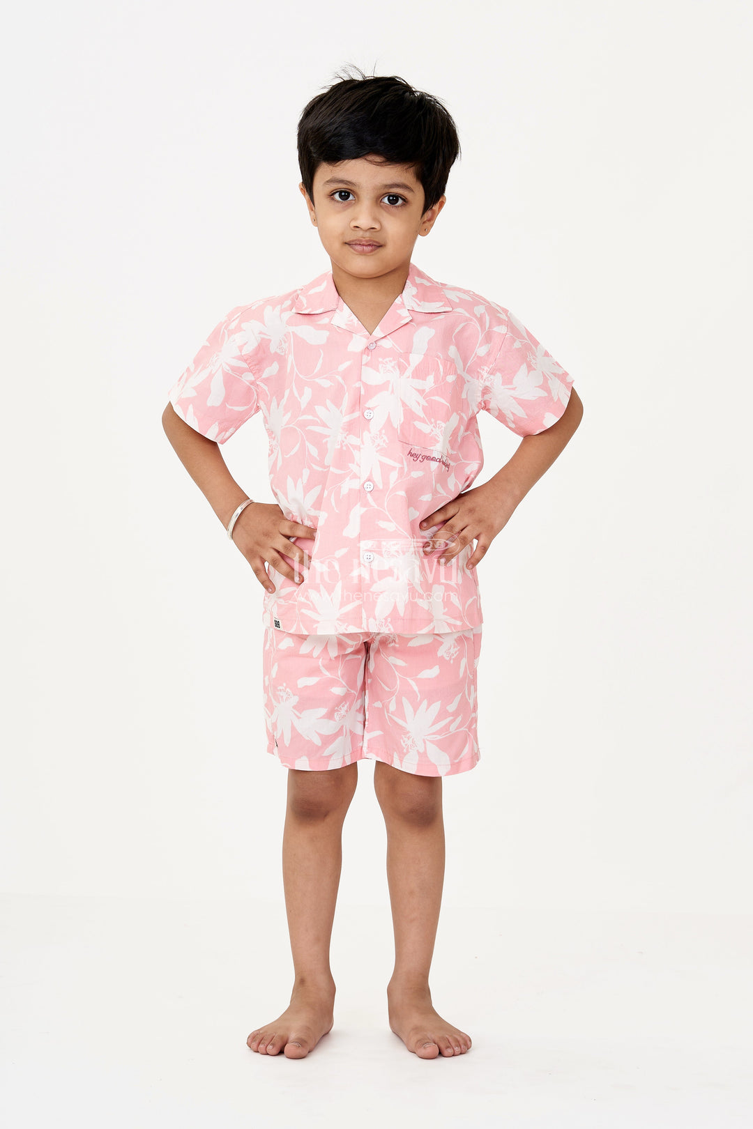 The Nesavu Boys Casual Set Boys Pink 2 Piece Casual Outfits with Floral Digital Print Shirt and Matching Shorts for Summer Days Nesavu Boys Pink Cotton Floral Print Shirt Shorts Set 2 Piece Casual Outfits Summer Style | The Nesavu