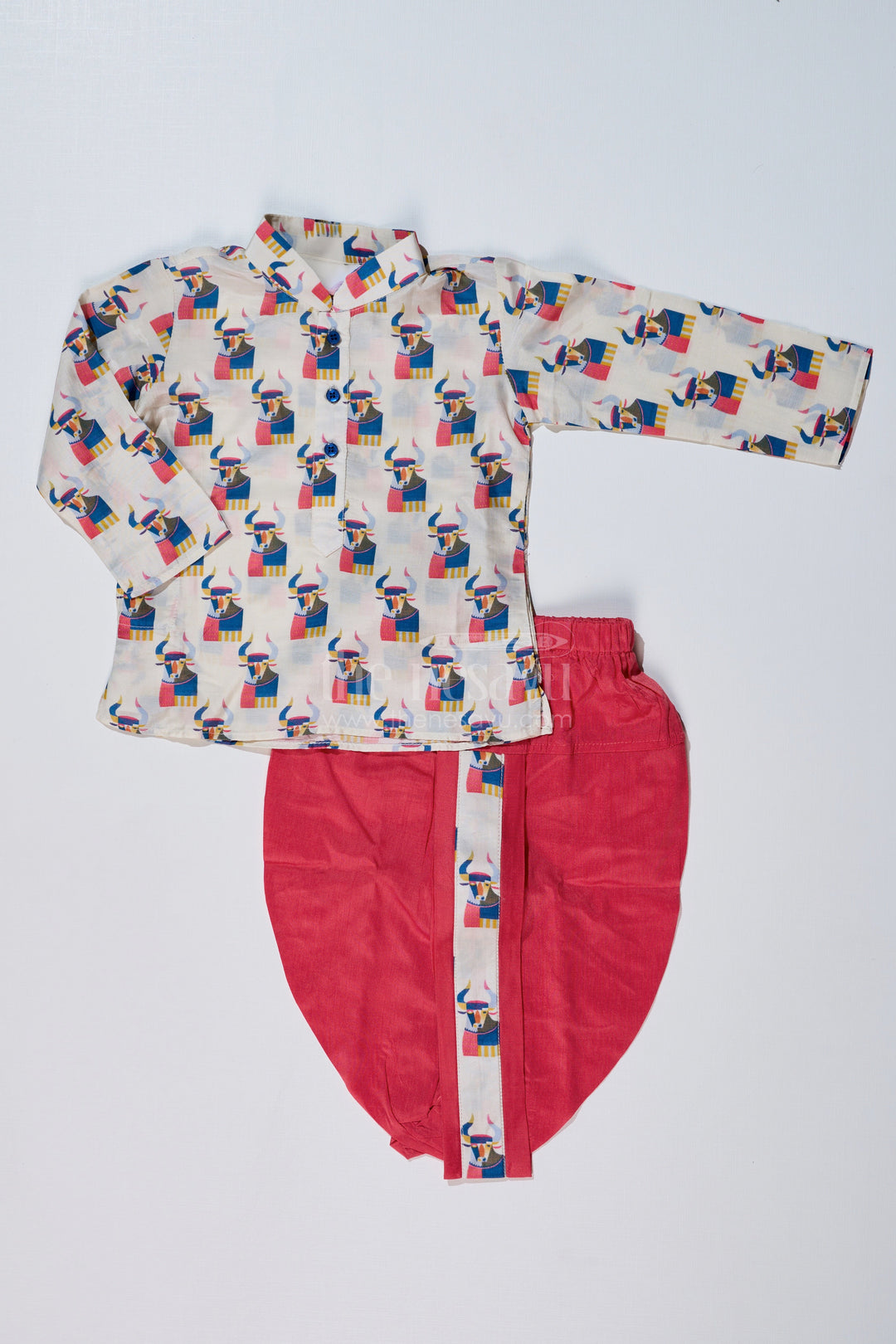 The Nesavu Boys Dothi Set Boys Pink and Cream Dhoti Kurta Set with Printed Design for Traditional Celebrations Nesavu 12 (3M) / Pink BES627A-12 Nesavu Boys Pink Cream Dhoti Kurta Set Printed Design Festive Celebrations