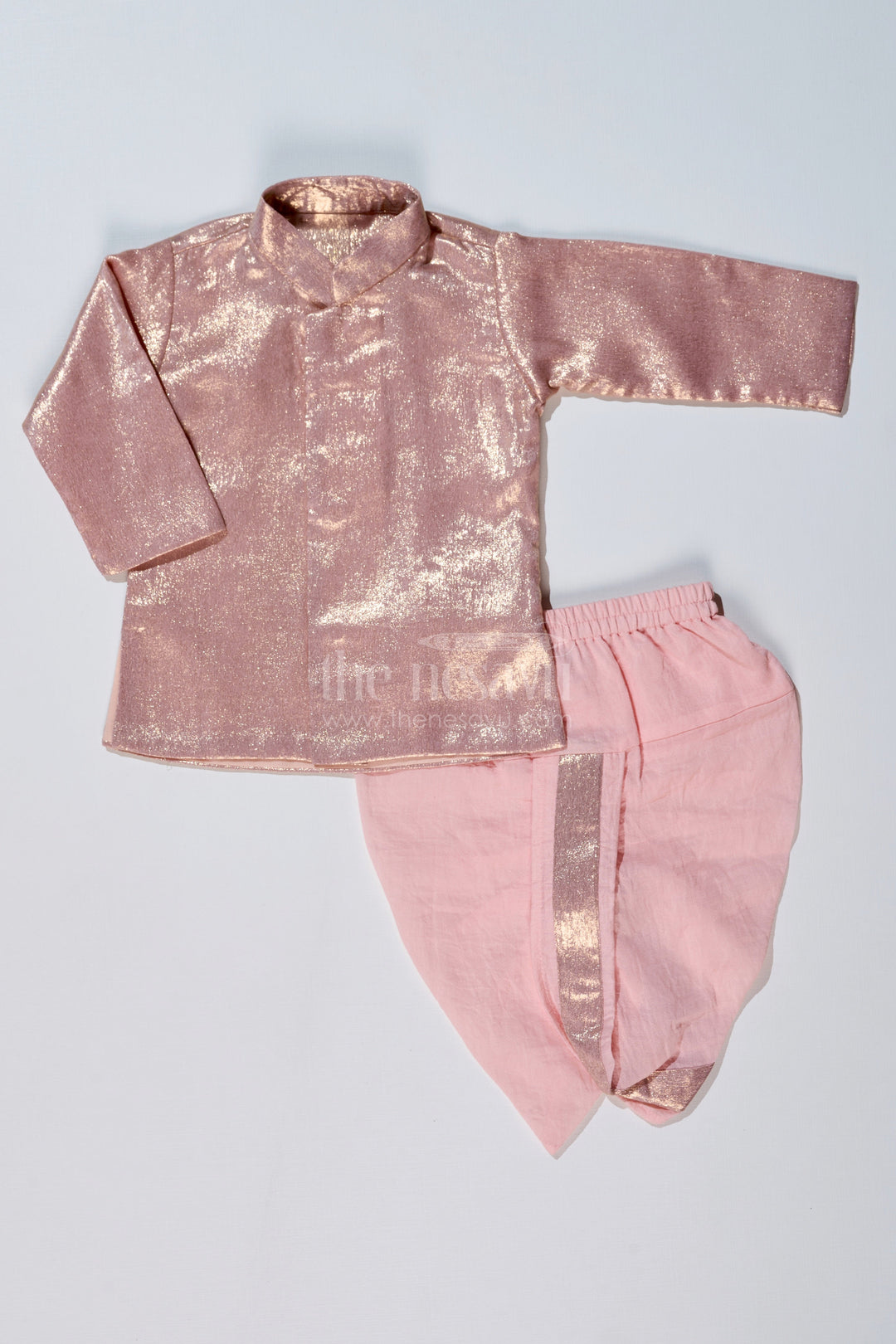 The Nesavu Boys Dothi Set Boys Pink and Gold Silk Dhoti Set with Shimmering Festive Kurta Nesavu 10 (NB) / Pink BES594F-10 Boys Pink Gold Silk Dhoti Set Shimmering Festive Kurta | The Nesavu
