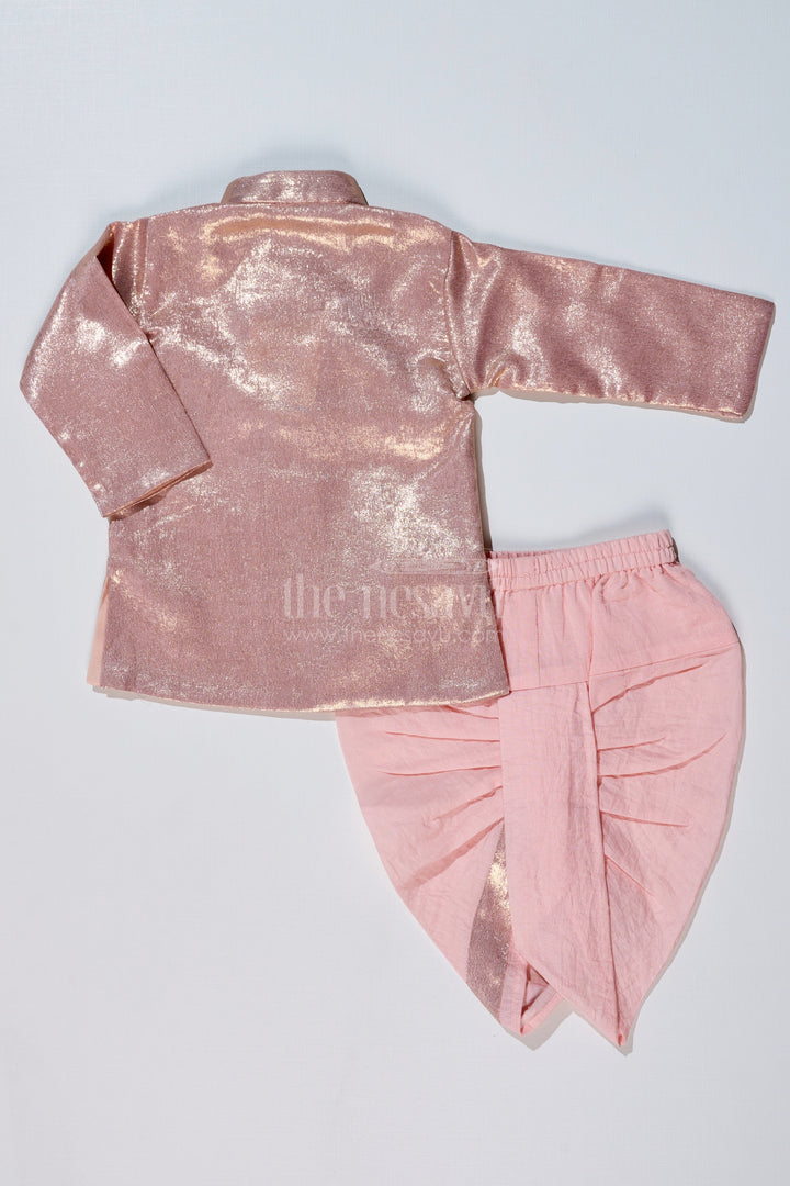 The Nesavu Boys Dothi Set Boys Pink and Gold Silk Dhoti Set with Shimmering Festive Kurta Nesavu Boys Pink Gold Silk Dhoti Set Shimmering Festive Kurta | The Nesavu