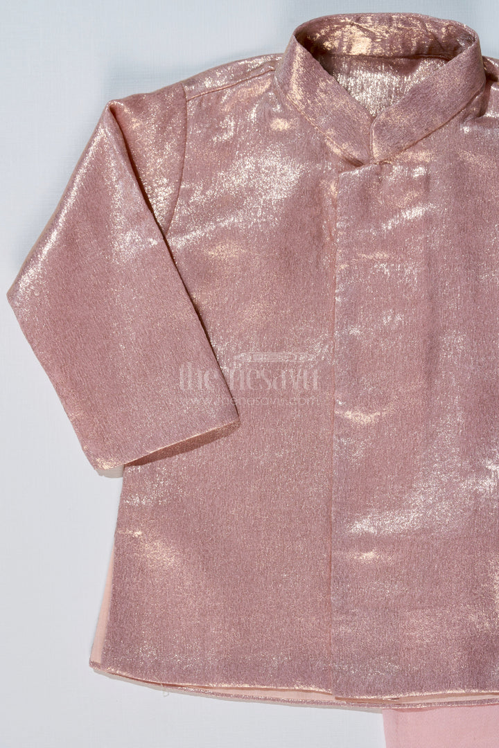 The Nesavu Boys Dothi Set Boys Pink and Gold Silk Dhoti Set with Shimmering Festive Kurta Nesavu Boys Pink Gold Silk Dhoti Set Shimmering Festive Kurta | The Nesavu