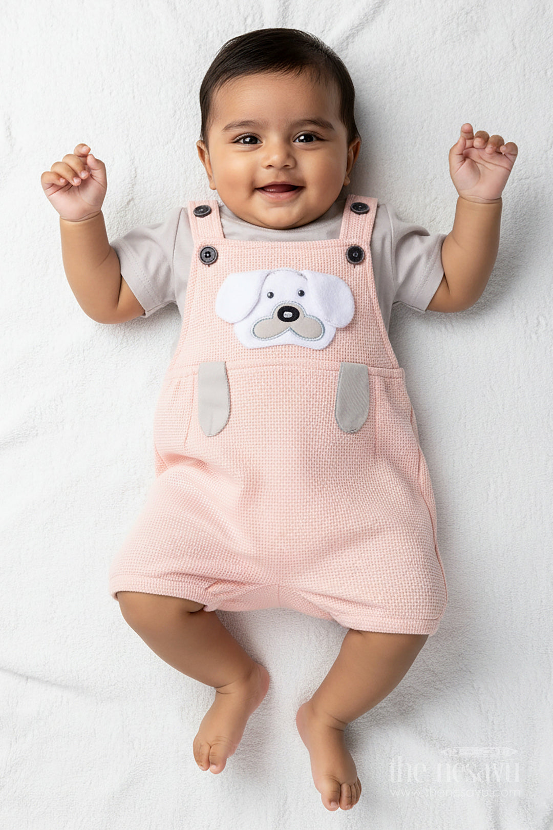 The Nesavu Boys Casual Set Boys Pink Casual Outfit in Cotton Waffle Knit with Embellished Dog Patch and Comfortable Overalls Nesavu 14 (6M) / Pink BCS281A-14 Nesavu Boys Cotton Waffle Knit Pink Casual Outfit Dog Patch Soft Overalls