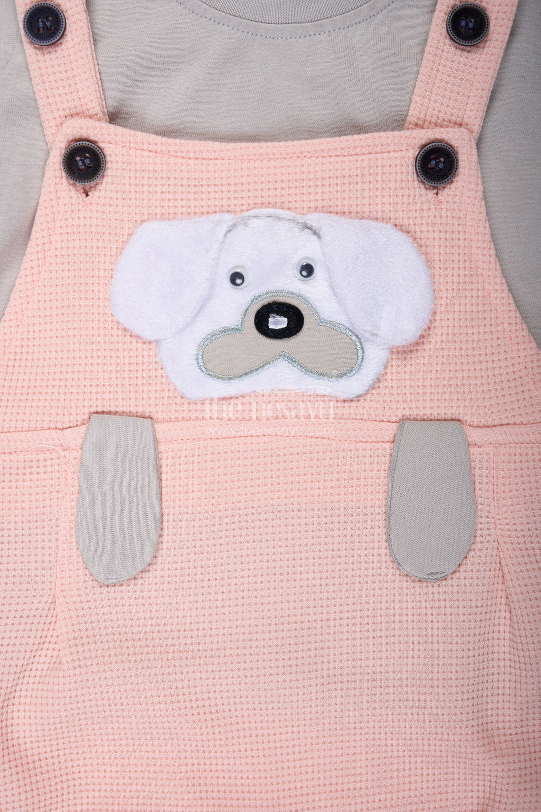The Nesavu Boys Casual Set Boys Pink Casual Outfit in Cotton Waffle Knit with Embellished Dog Patch and Comfortable Overalls Nesavu Nesavu Boys Cotton Waffle Knit Pink Casual Outfit Dog Patch Soft Overalls