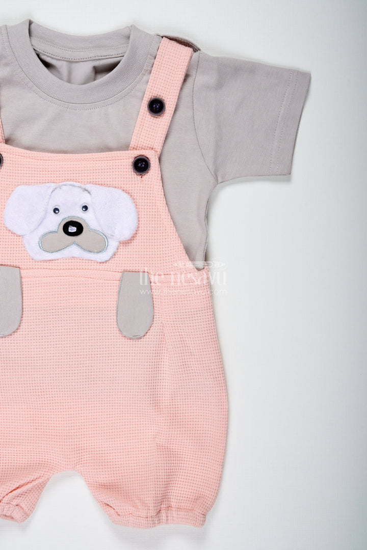 The Nesavu Boys Casual Set Boys Pink Casual Outfit in Cotton Waffle Knit with Embellished Dog Patch and Comfortable Overalls Nesavu Nesavu Boys Cotton Waffle Knit Pink Casual Outfit Dog Patch Soft Overalls