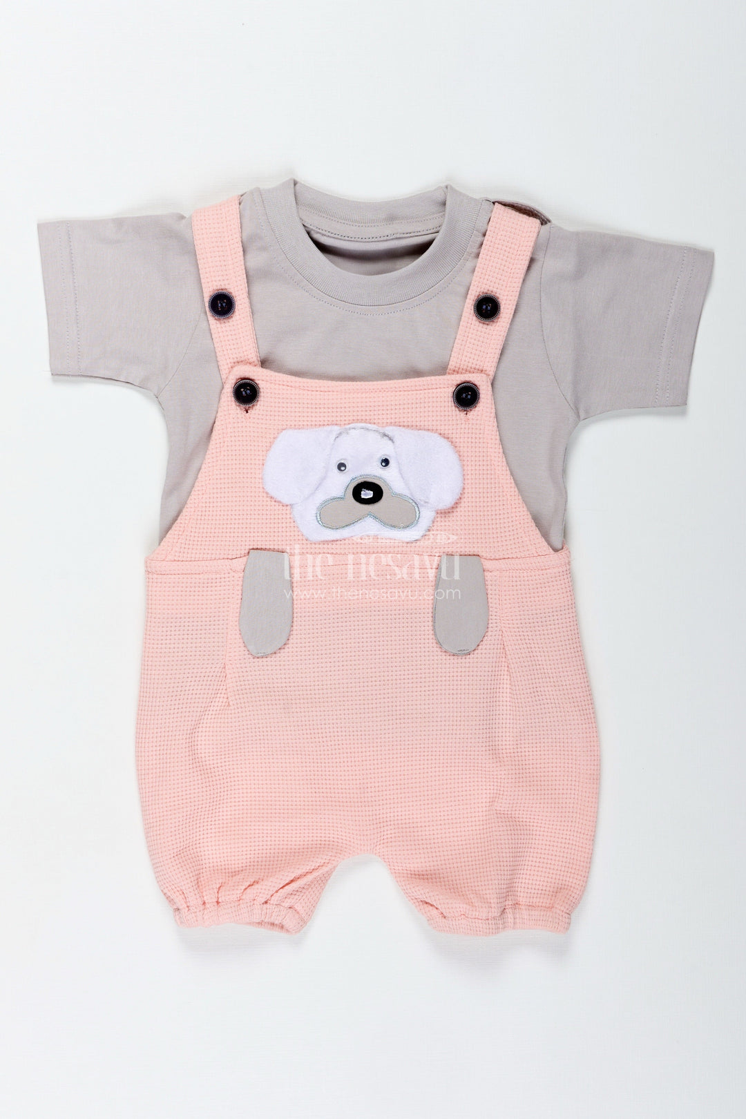 The Nesavu Boys Casual Set Boys Pink Casual Outfit in Cotton Waffle Knit with Embellished Dog Patch and Comfortable Overalls Nesavu Nesavu Boys Cotton Waffle Knit Pink Casual Outfit Dog Patch Soft Overalls